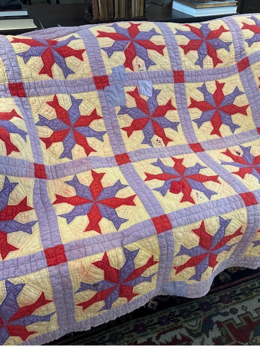 Antique Patchwork Red & Purple Star Quilt c 1900
